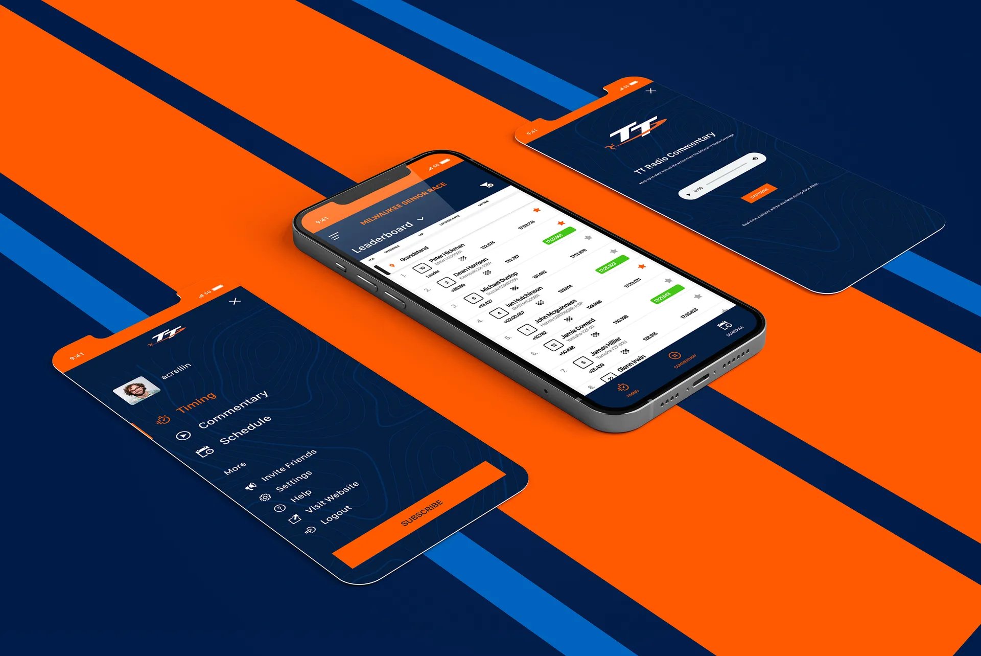 Isle of Man TT app screens built by DotPerformance showing the Milwaukee Senior Race leaderboard, navigation menu with timing and commentary, and TT Radio Commentary, displayed on smartphones against an orange and navy background